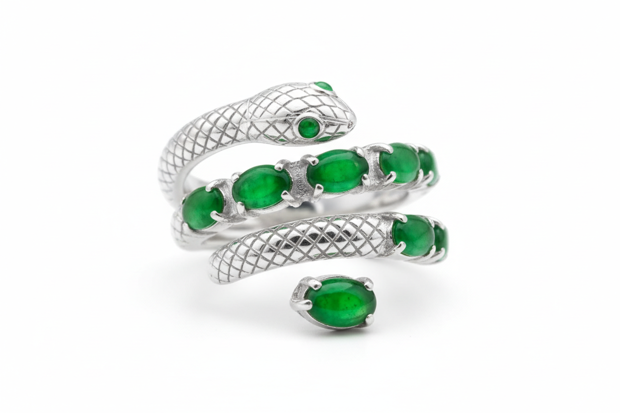 Anillo de plata alta pureza serpiente jade