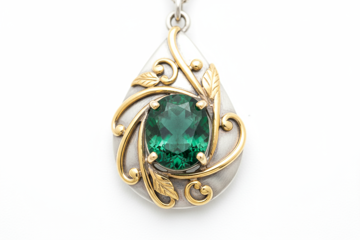 Dije de plata con esmeralda con lineas de  oro 18 k