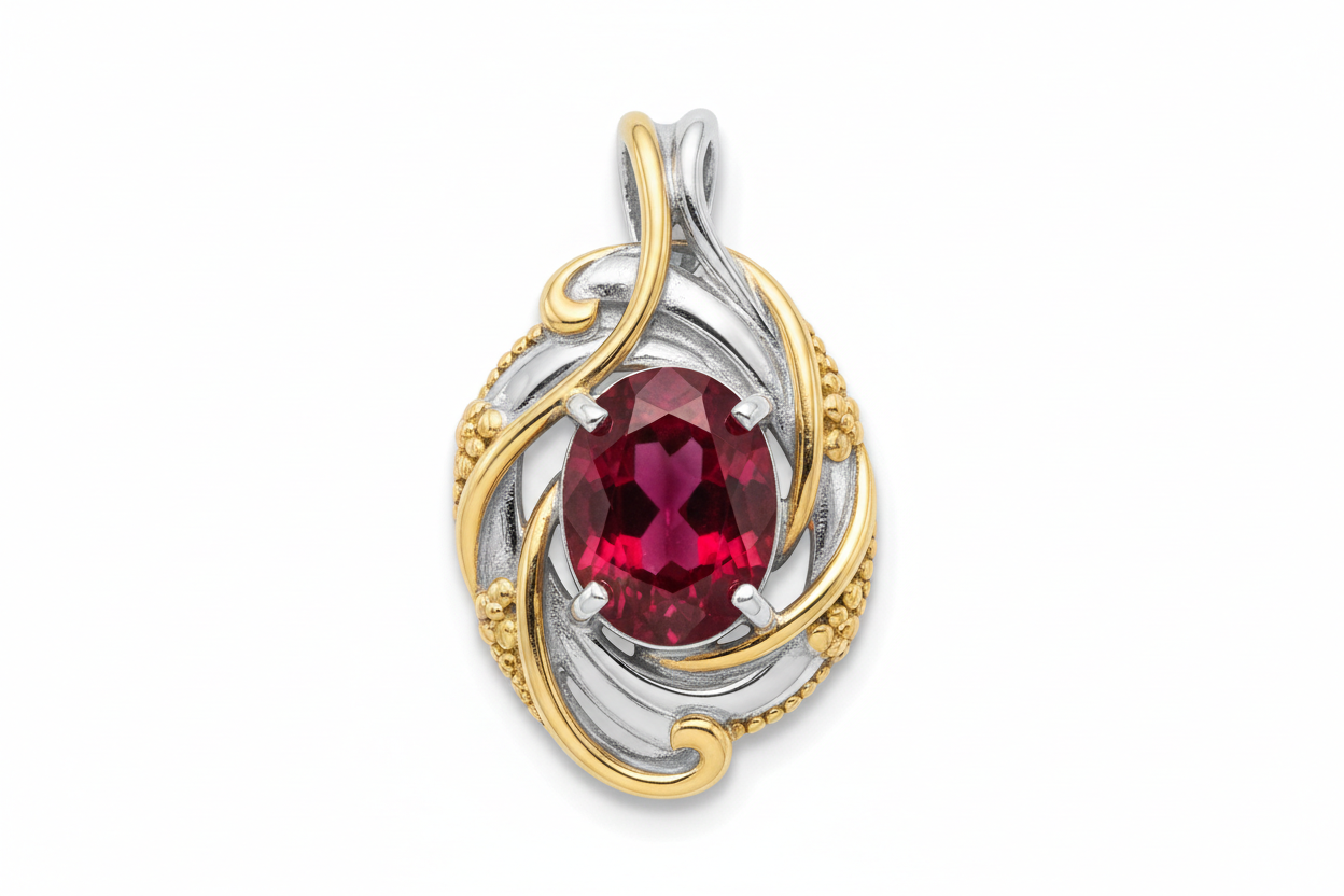 Dije en plata con rubi y oro